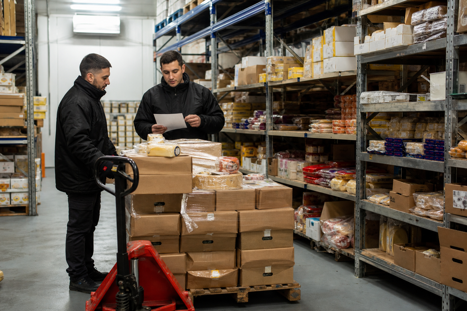 Equipo preparando un pedido en un depósito de alimentos